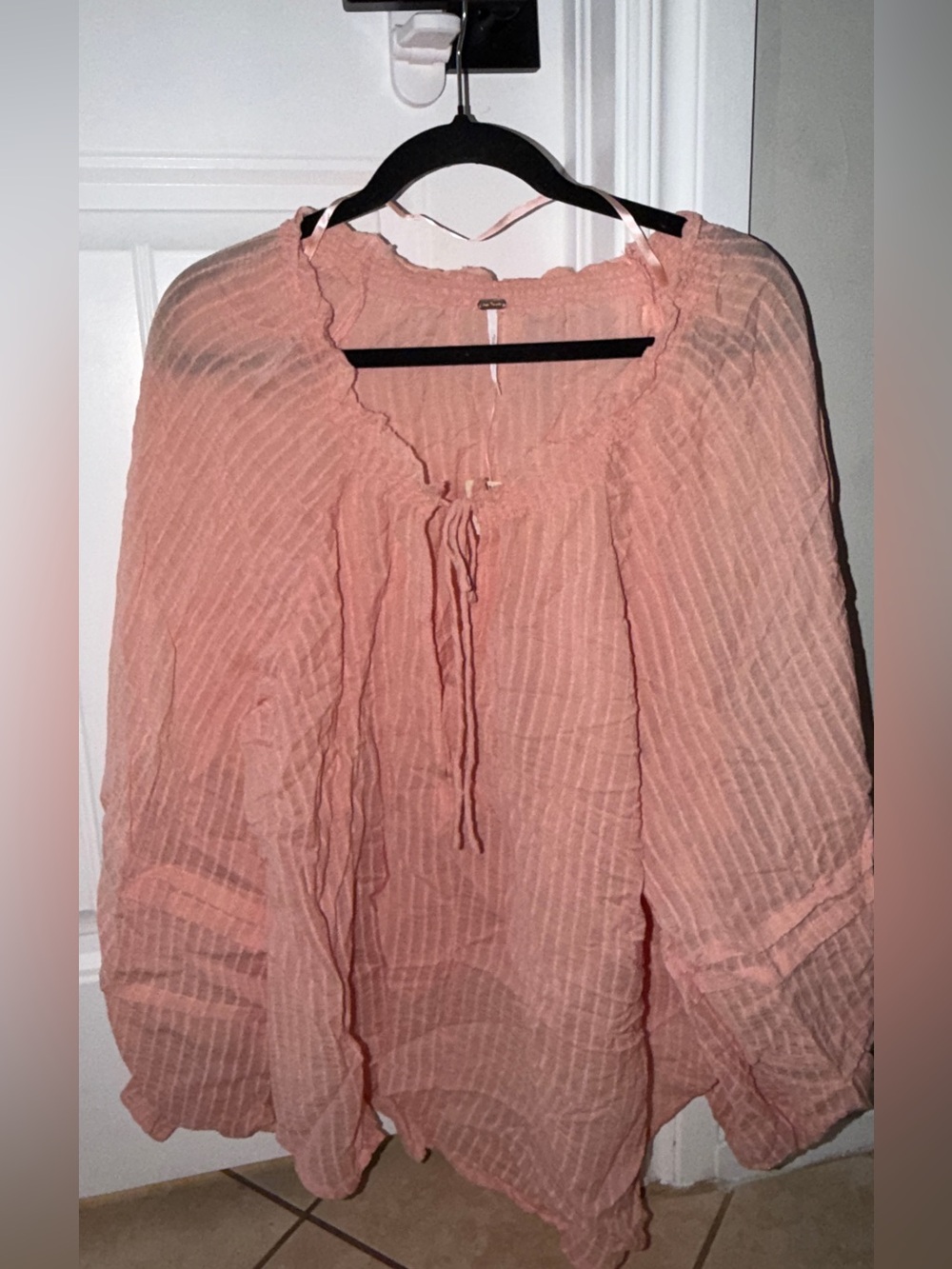 Free People Peach Peasant Blouse with Tie Neck